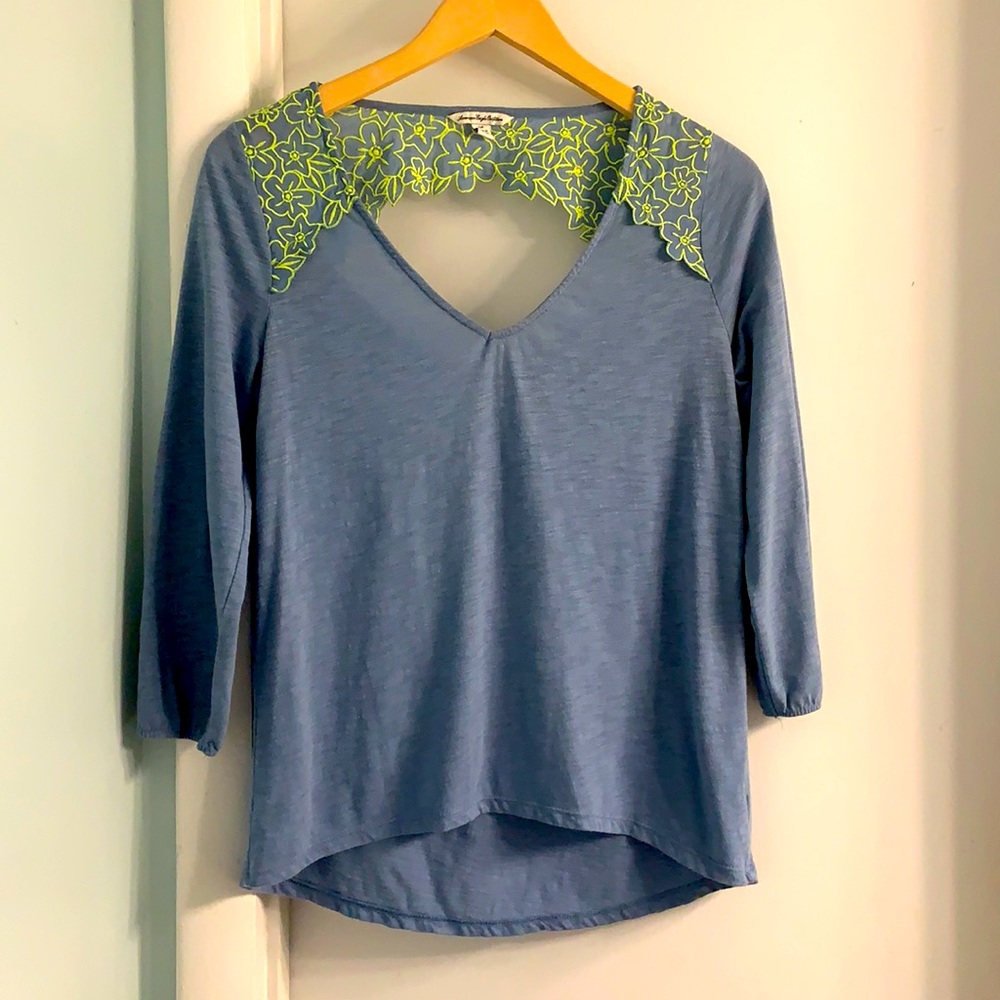 American Eagle Blue Open Back Blouse with Lime Green Floral Details Small